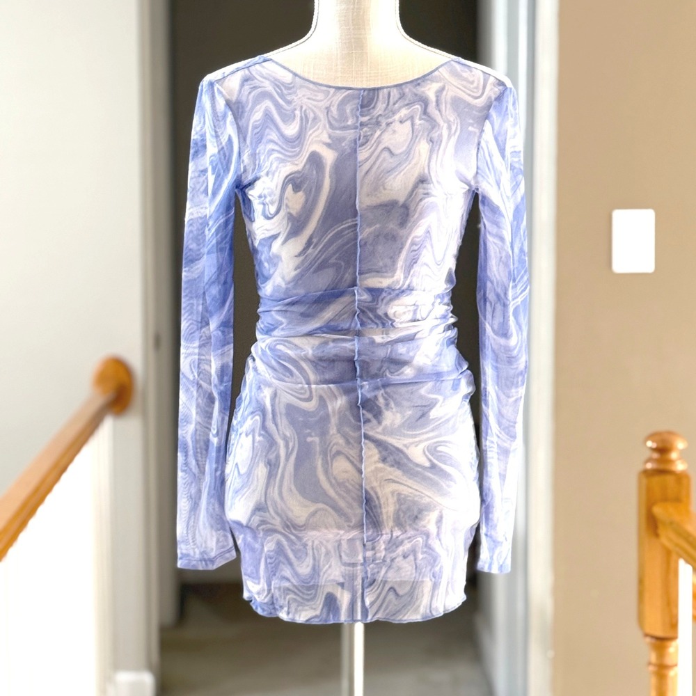 Naked Wardrobe Blue Marble Mesh Swim Cover Up Dress Deep V Back‎ Long Sleeve M